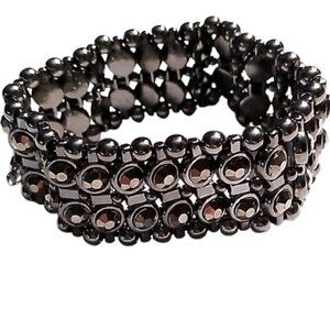 Black Gunmetal Multi-Row Faceted Crystal and Round Beaded Stretch Bracelet